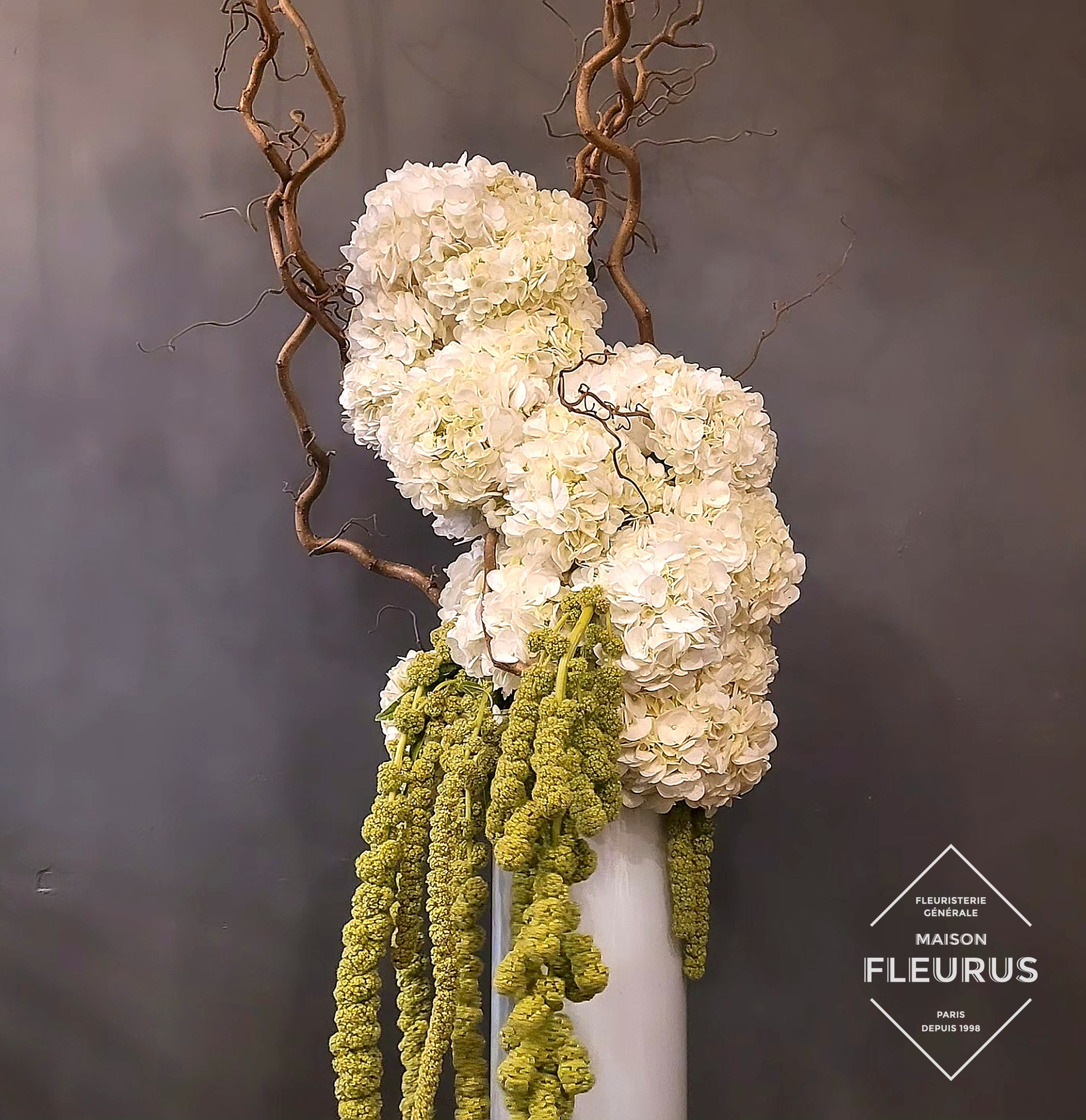 Signature Fleurus — hortensias blancs, branches de saule tortueux et amarante verte
